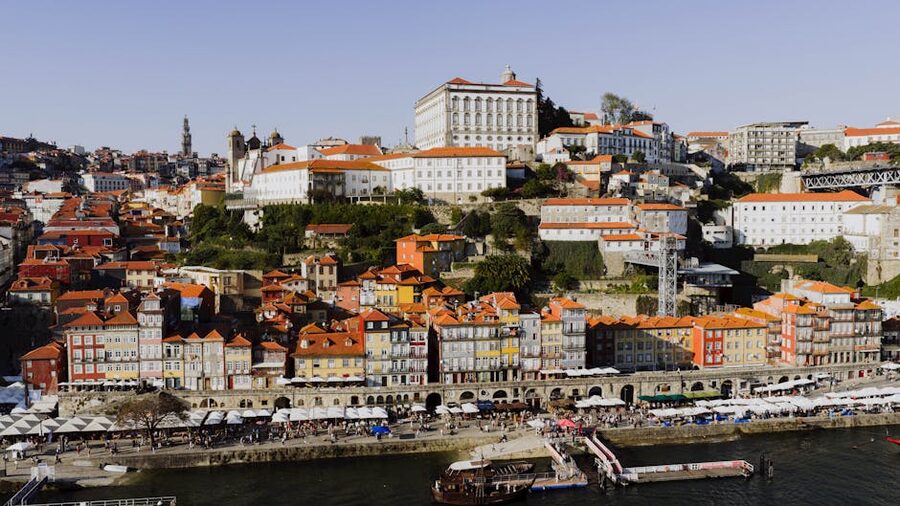 Porto historic riverside Ribeira aerial view