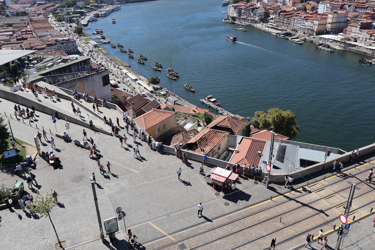 Aerial view of Porto Ribeira district with colorful buildings and the Douro River