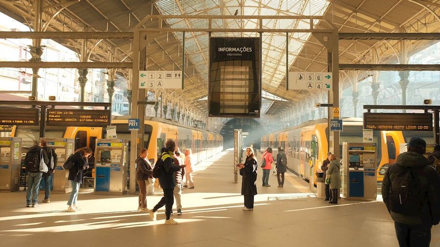 Sao Bento station interior with blue azulejo-tiled walls, Porto