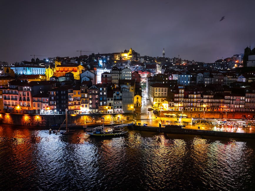 Porto riverside illuminated at night