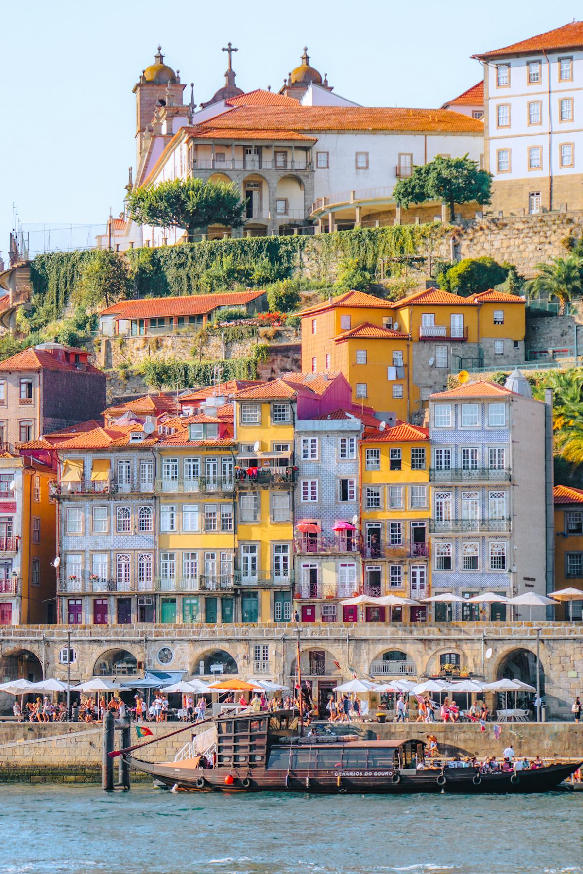 Colorful historic buildings line the Porto waterfront with the Douro River in front