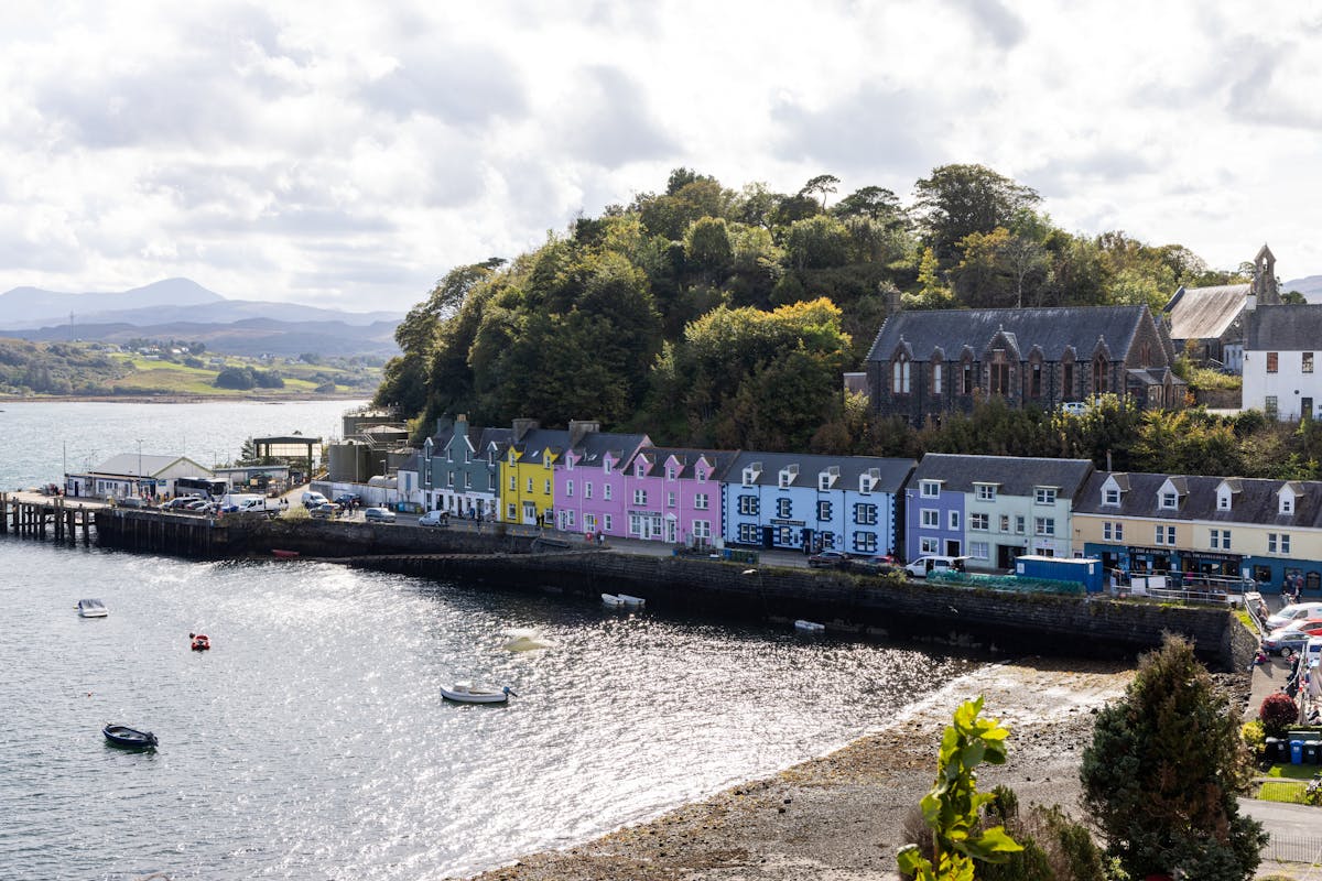 Colorful waterfront houses along the harbor in Portree, Isle of Skye