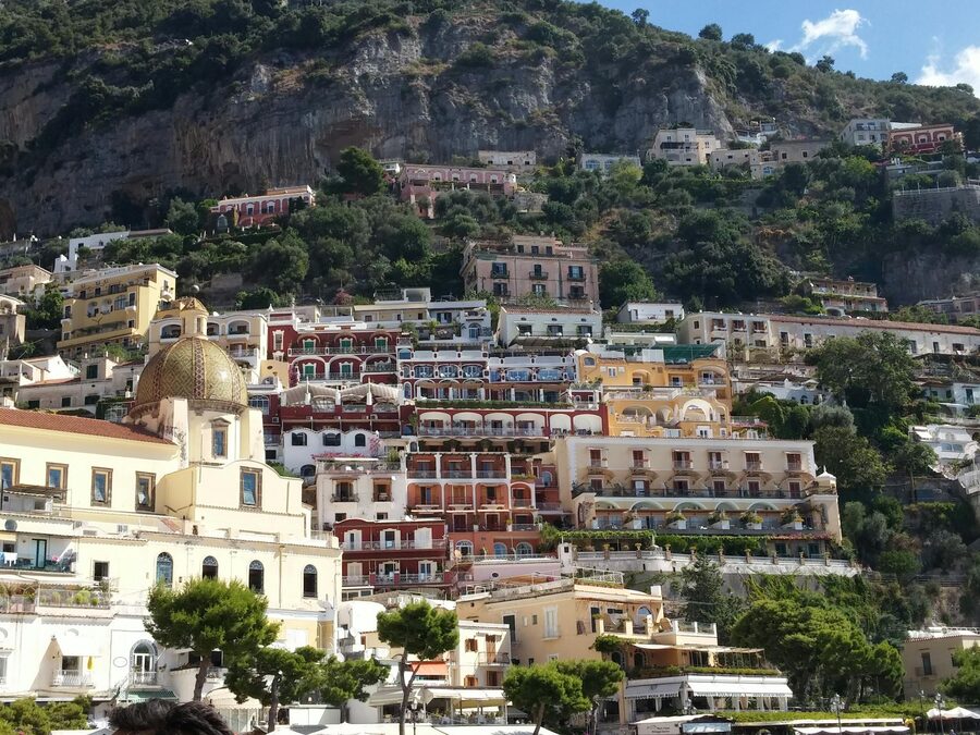 Close-up view of Positano's colorful stacked buildings climbing the hillside