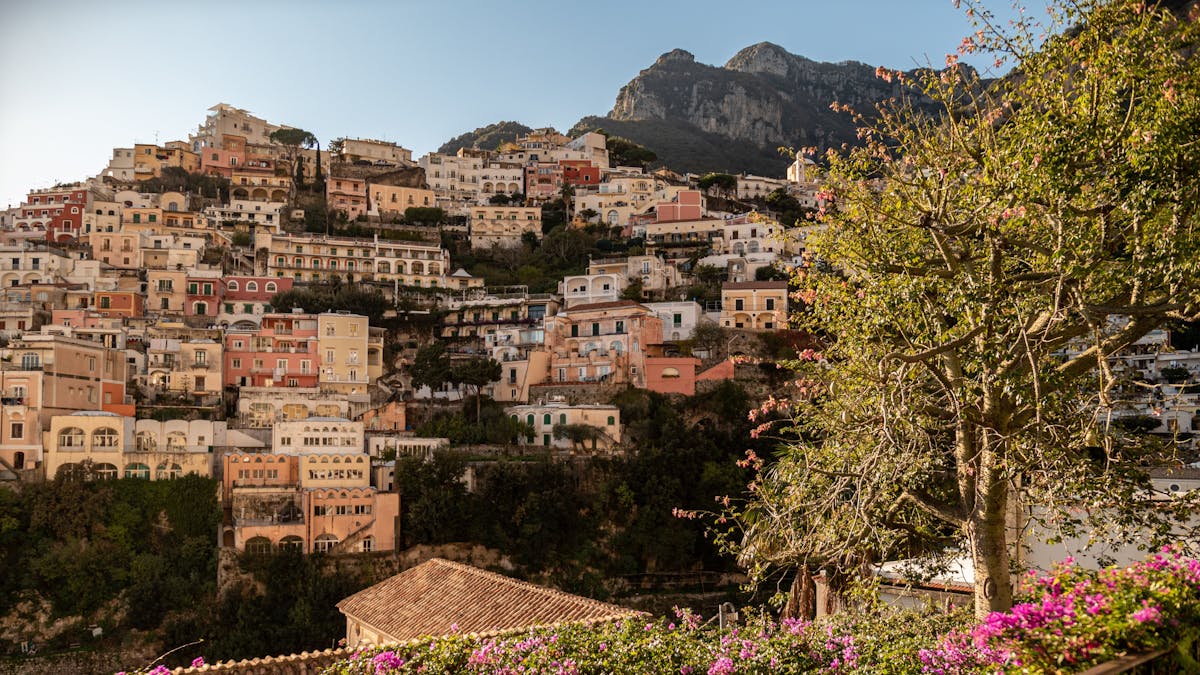 Positano buildings in warm sunlight on the Amalfi Coast