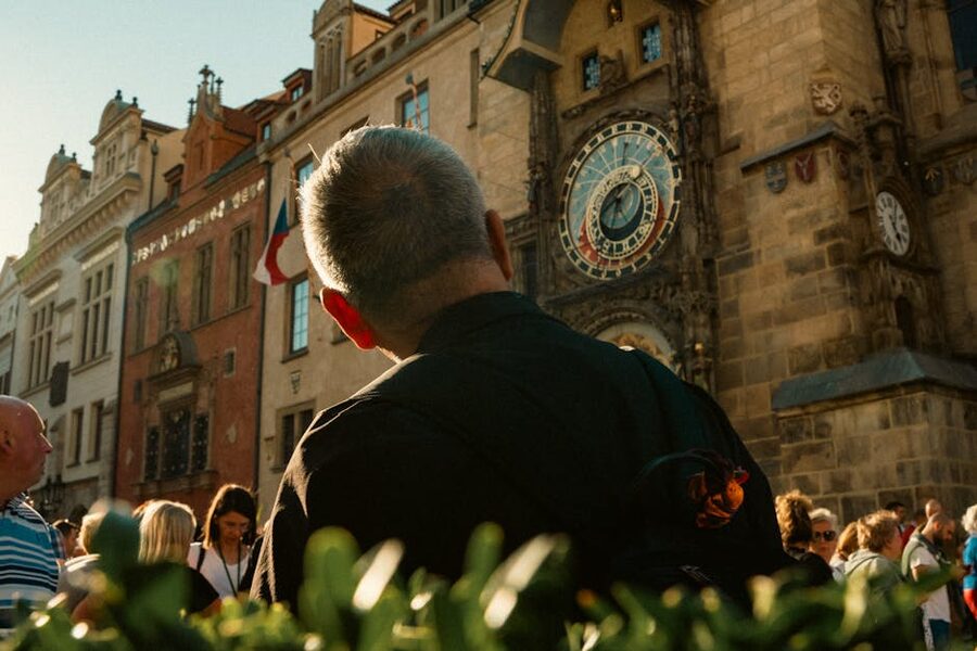 Tourists gathered at the Prague Astronomical Clock