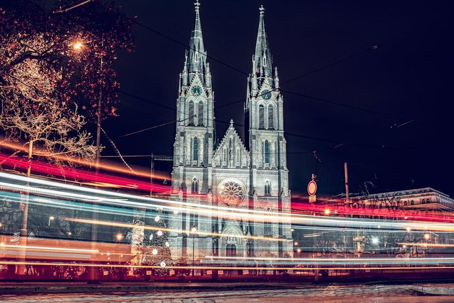 Illuminated church in Prague at night