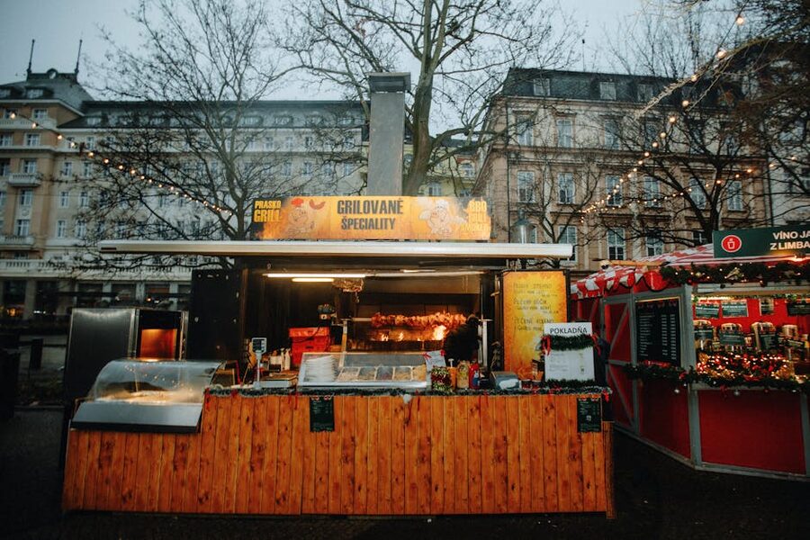 Prague outdoor market grilled stall