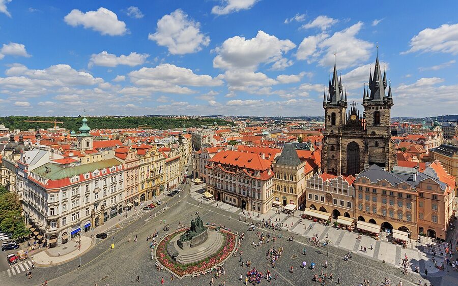 View from Prague Old Town Hall Tower toward Tyn Church