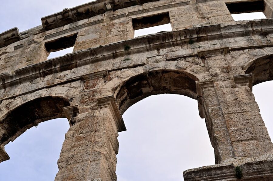 Low angle Roman amphitheater ruins Pula