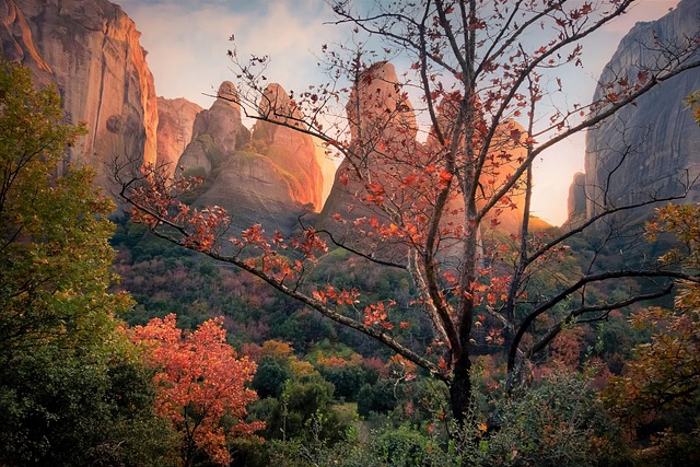 Meteora monastery surrounded by autumn landscape with mountain views in central Greece