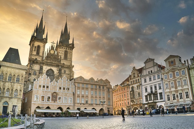 Aerial view of Prague city showing rooftops and spires