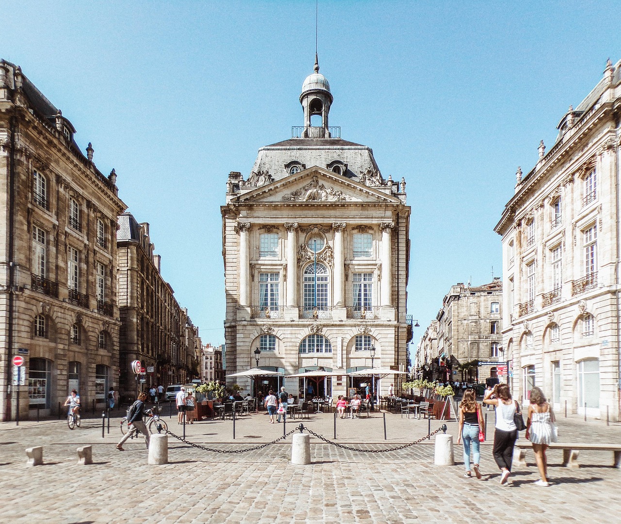 Bordeaux France street view with historic buildings and city skyline