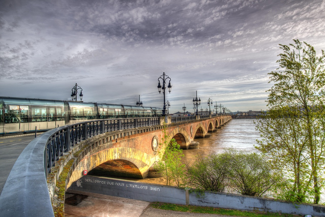 Bridge in Bordeaux France with a tram crossing over the Garonne River