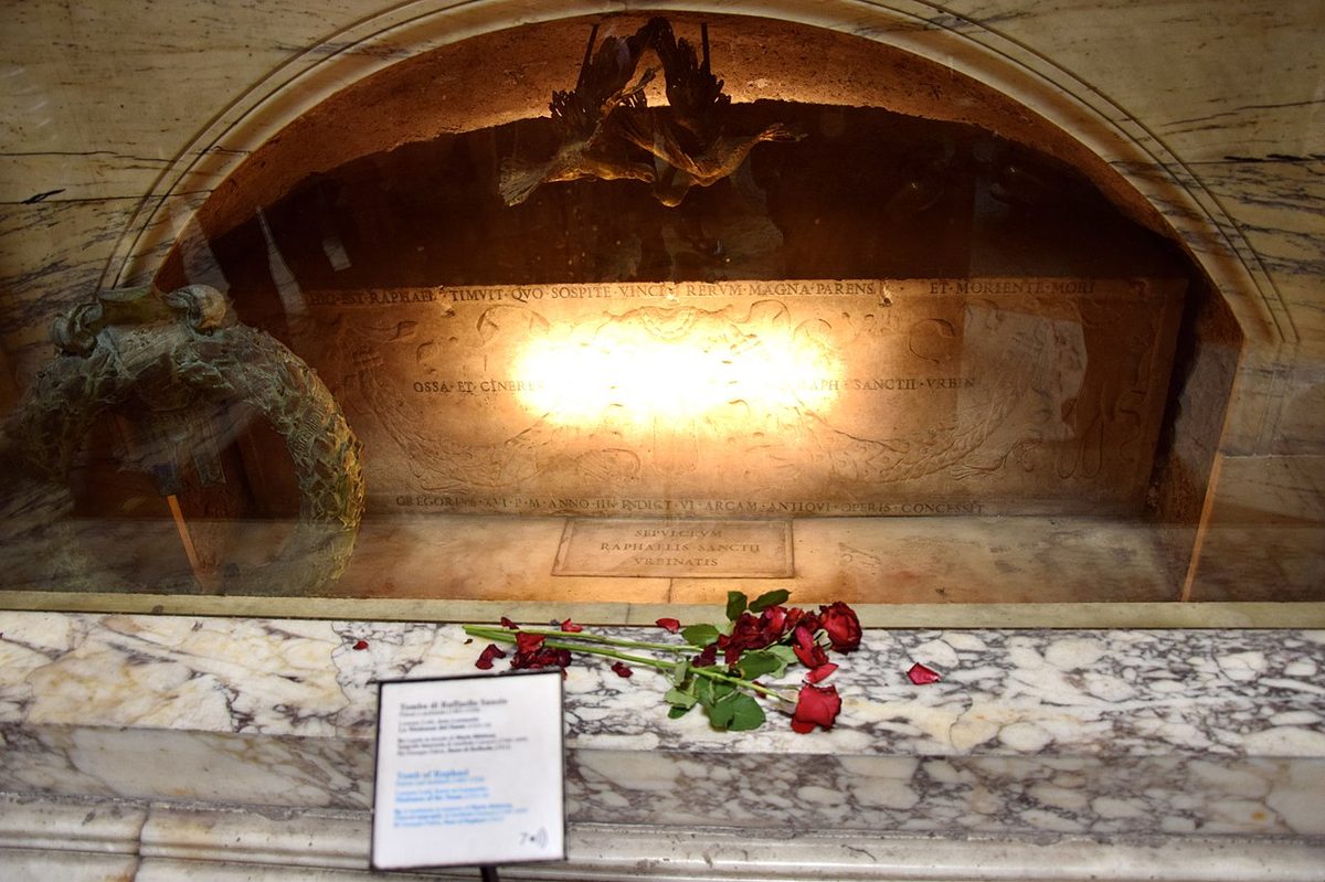 The tomb of Renaissance painter Raphael inside the Pantheon in Rome