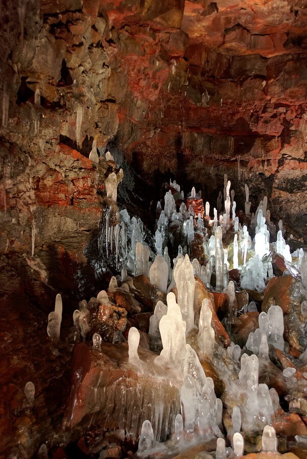 Raufarhólshellir lava tube walkway with stairs