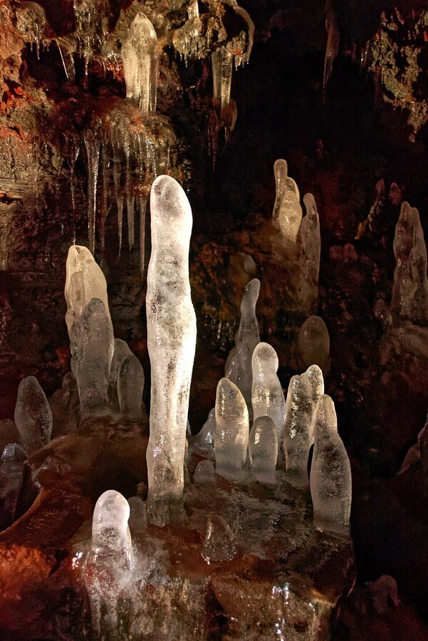 Raufarhólshellir lava tunnel walkway with visitors