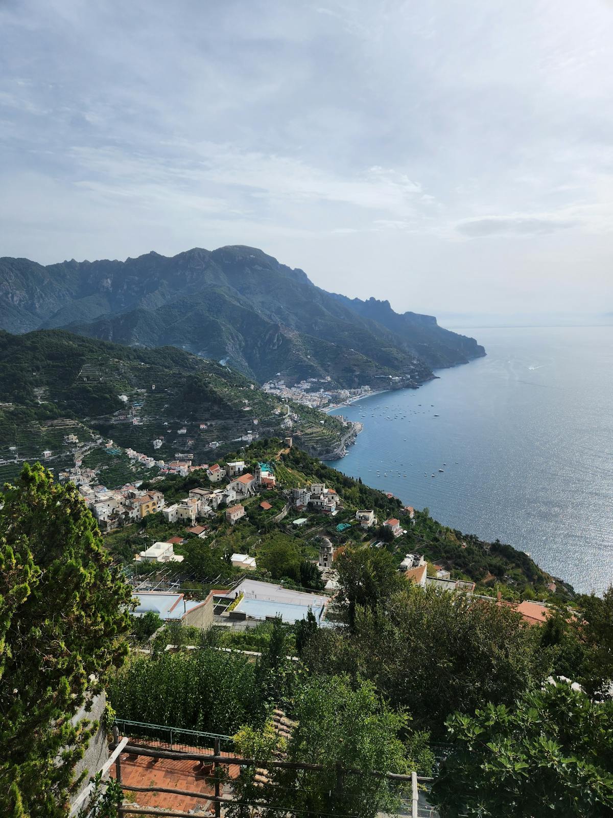 Aerial view of Ravello showing the hilltop town and coastline