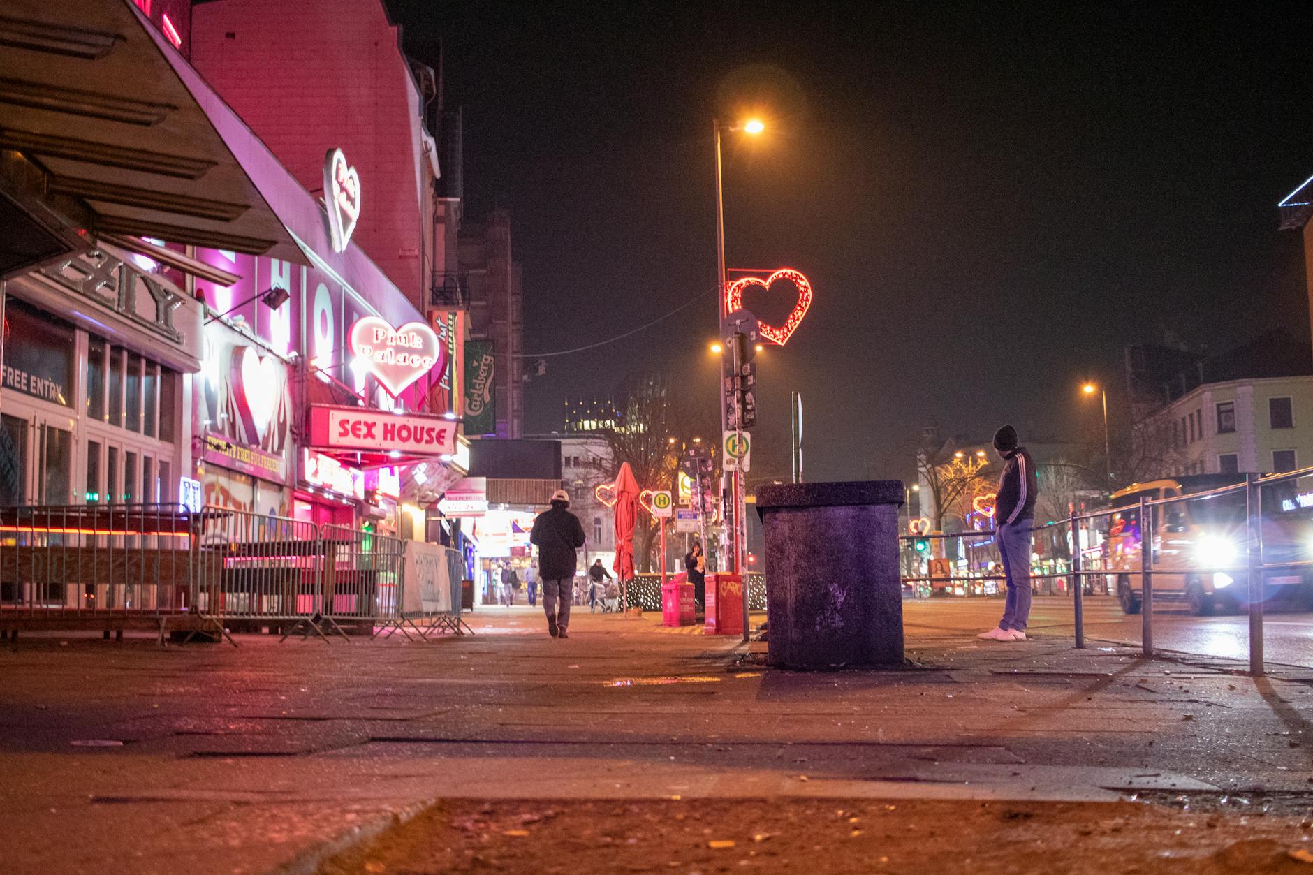 Colourful neon lights along Reeperbahn Hamburg at night