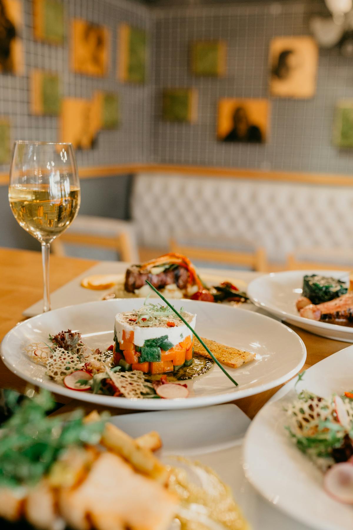 Seafood dishes with wine at restaurant