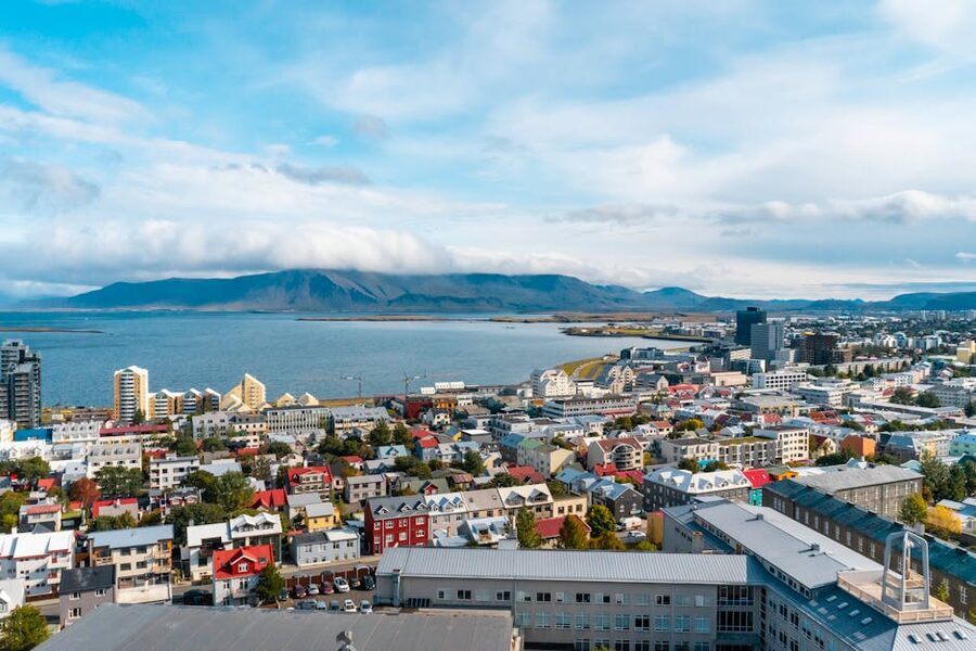 Aerial Reykjavik colorful buildings and ocean