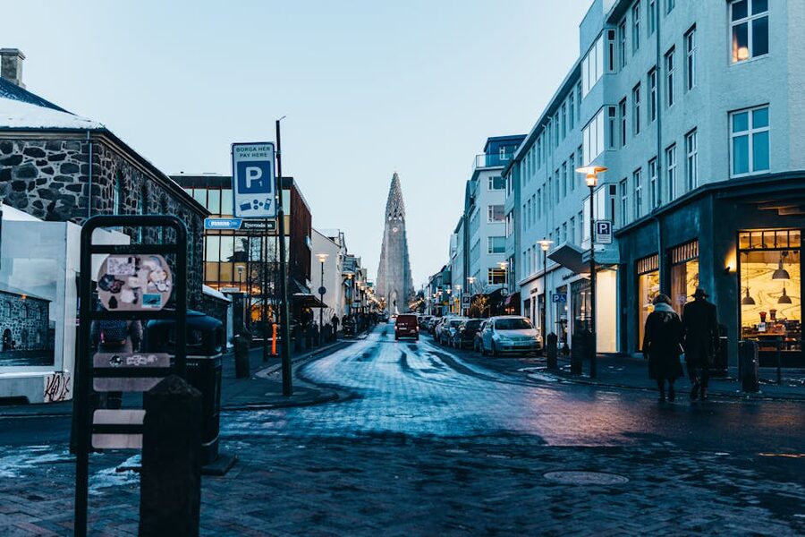 Reykjavik street with Hallgrimskirkja in winter