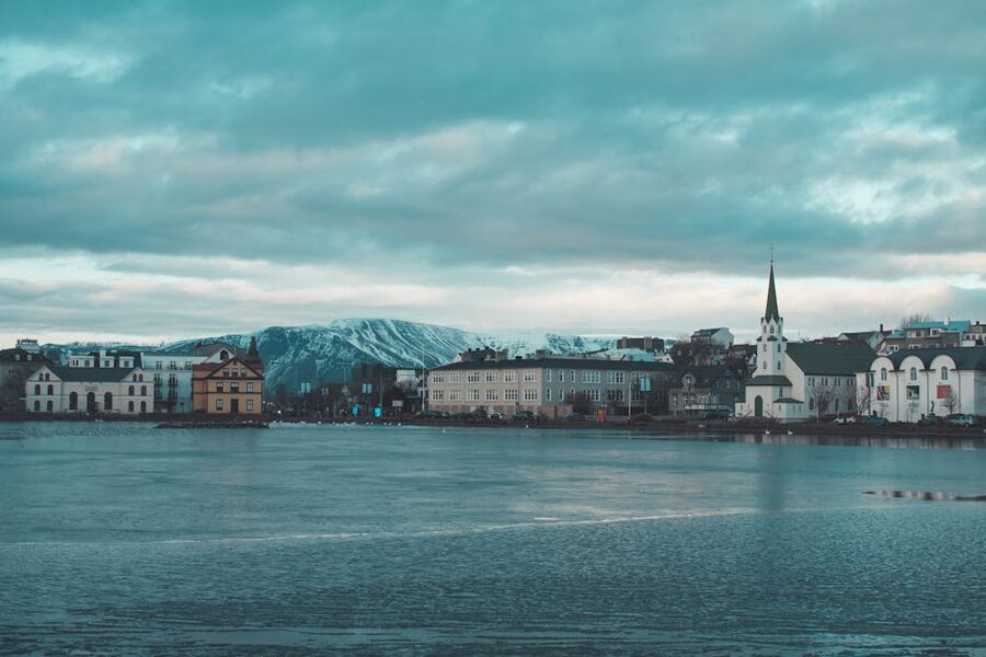 Reykjavik skyline Tjornin Lake winter