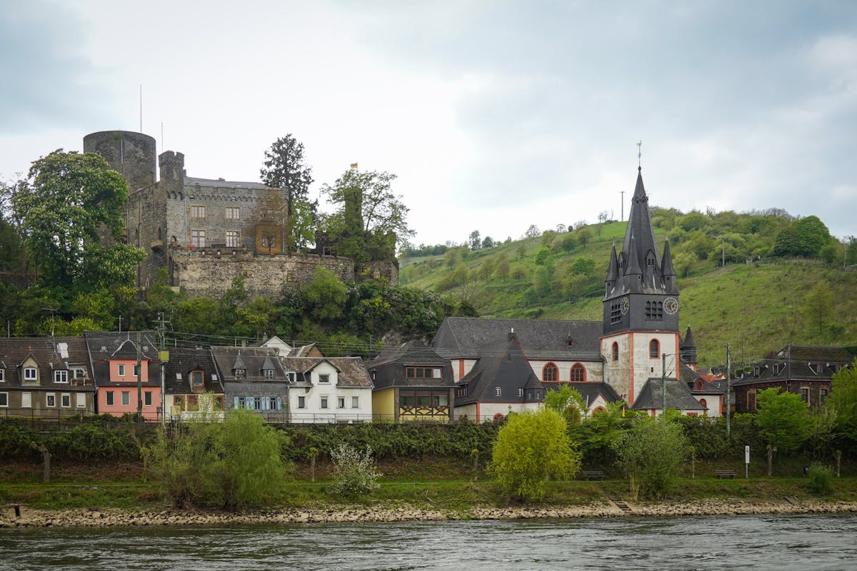 Picturesque view of Bacharach village and Stahleck Castle on the Rhine River
