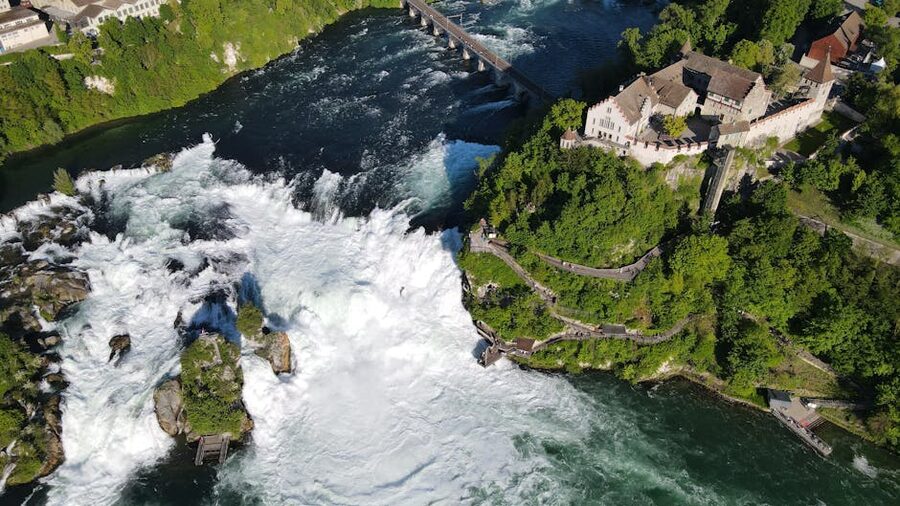 Aerial view of Rhine Falls and historic castle Neuhausen