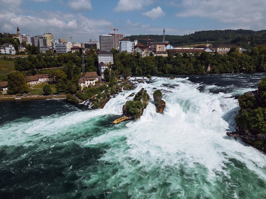 Aerial Rhine Falls with Neuhausen townscape