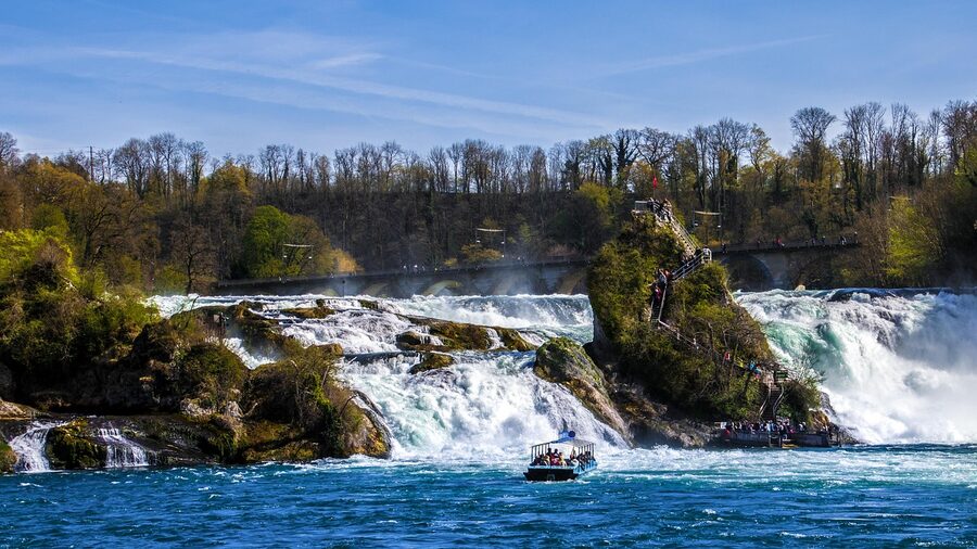 Rhine Falls roaring water boat platform