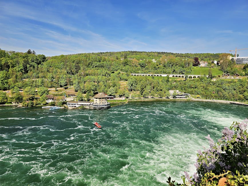 Rhine Falls with spring foliage and blue sky