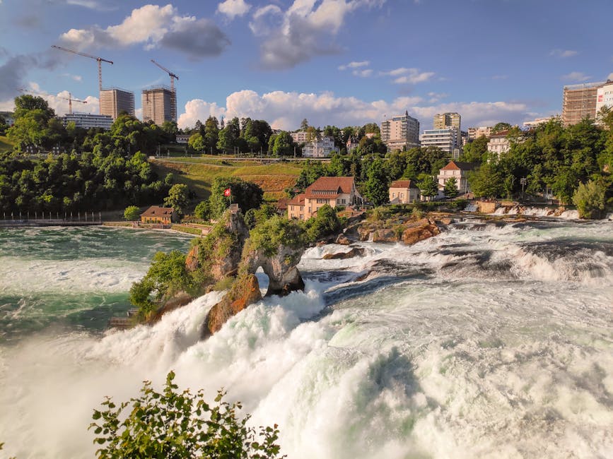 Powerful Rhine Falls on sunny day
