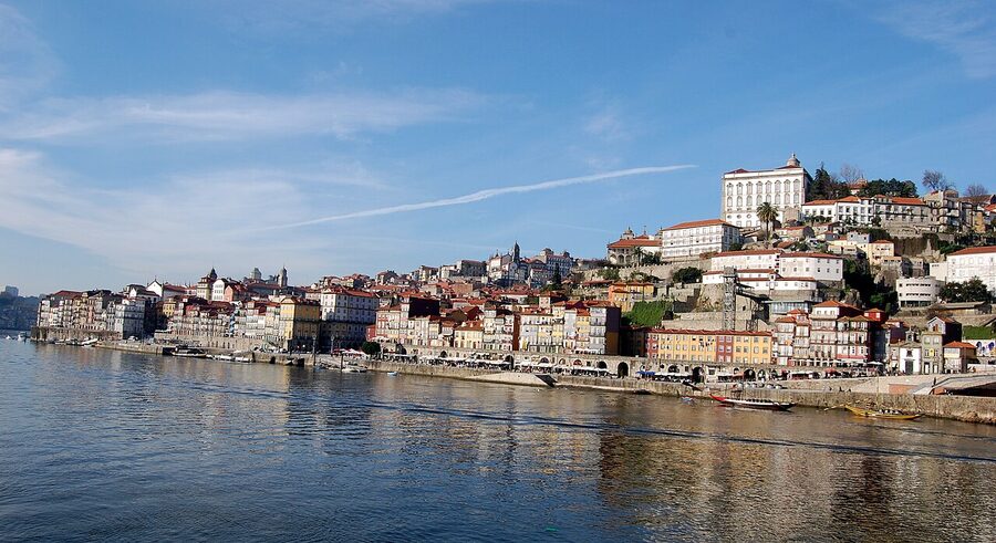 Colorful facades of Ribeira district in Porto along the Douro