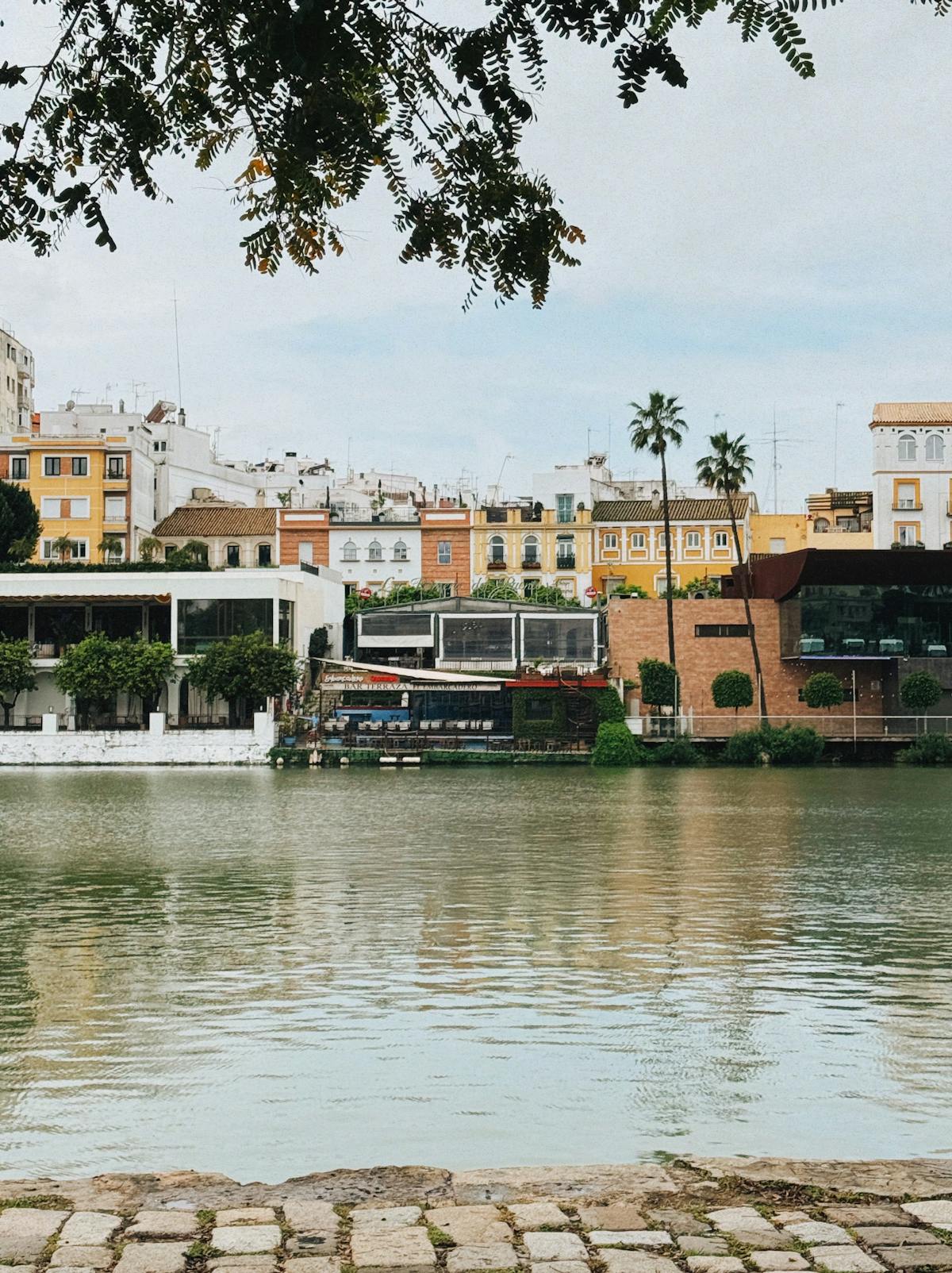 Colorful historic buildings and lush greenery along the Guadalquivir River in Seville Spain