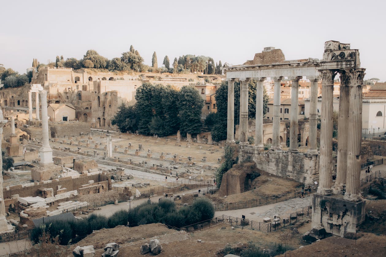 Wide view of the Roman Forum ancient ruins in Rome