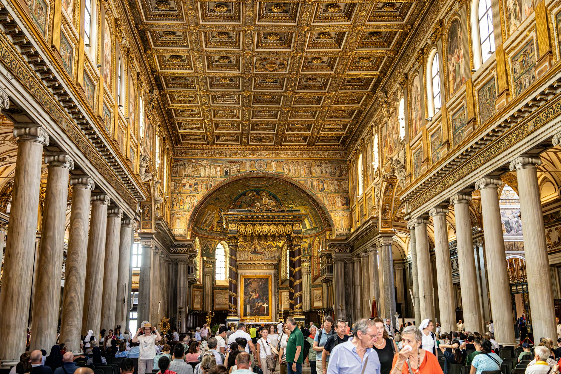 Ornate golden interior of Santa Maria Maggiore basilica in Rome