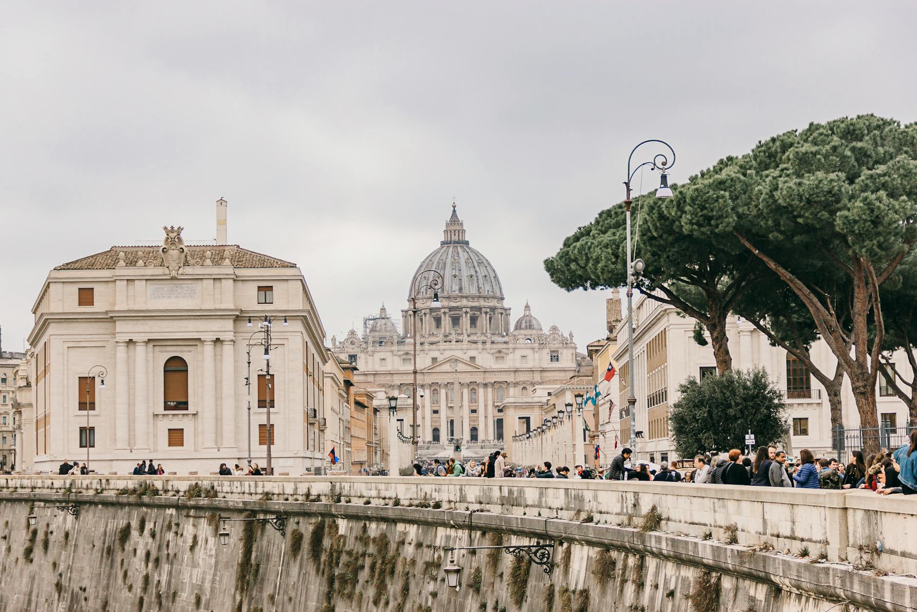 Street view of St Peters Basilica dome in Vatican City