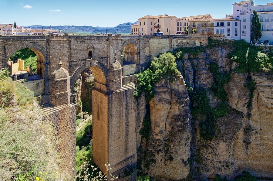 Panoramic view of Ronda historic center from across the gorge