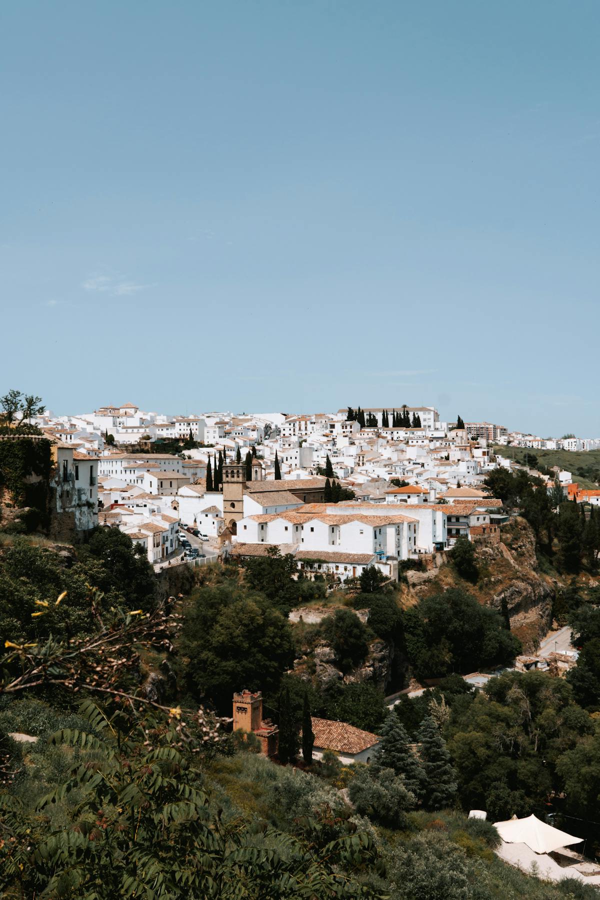 Panoramic view of Ronda perched on the edge of El Tajo gorge showing whitewashed buildings and green valley below