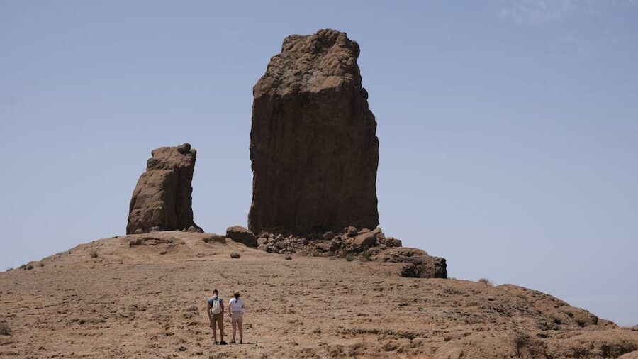 Two hikers exploring the iconic Roque Nublo volcanic rock formation in Gran Canaria