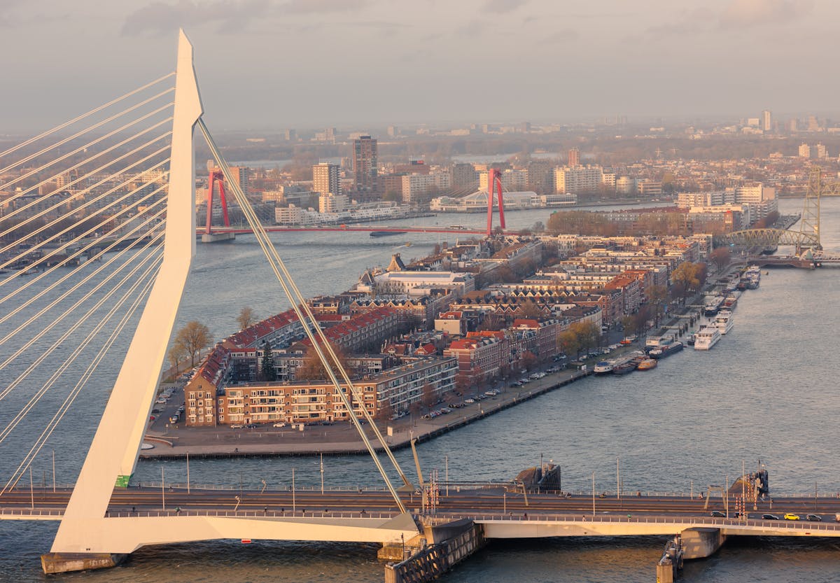 Erasmus Bridge spanning the Maas River with Rotterdam skyline at sunset