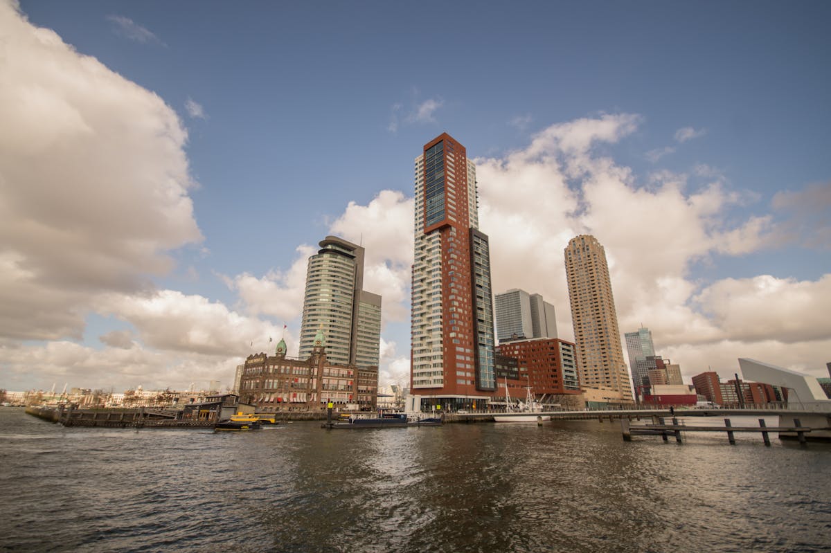Rotterdam modern skyline with skyscrapers along the waterfront