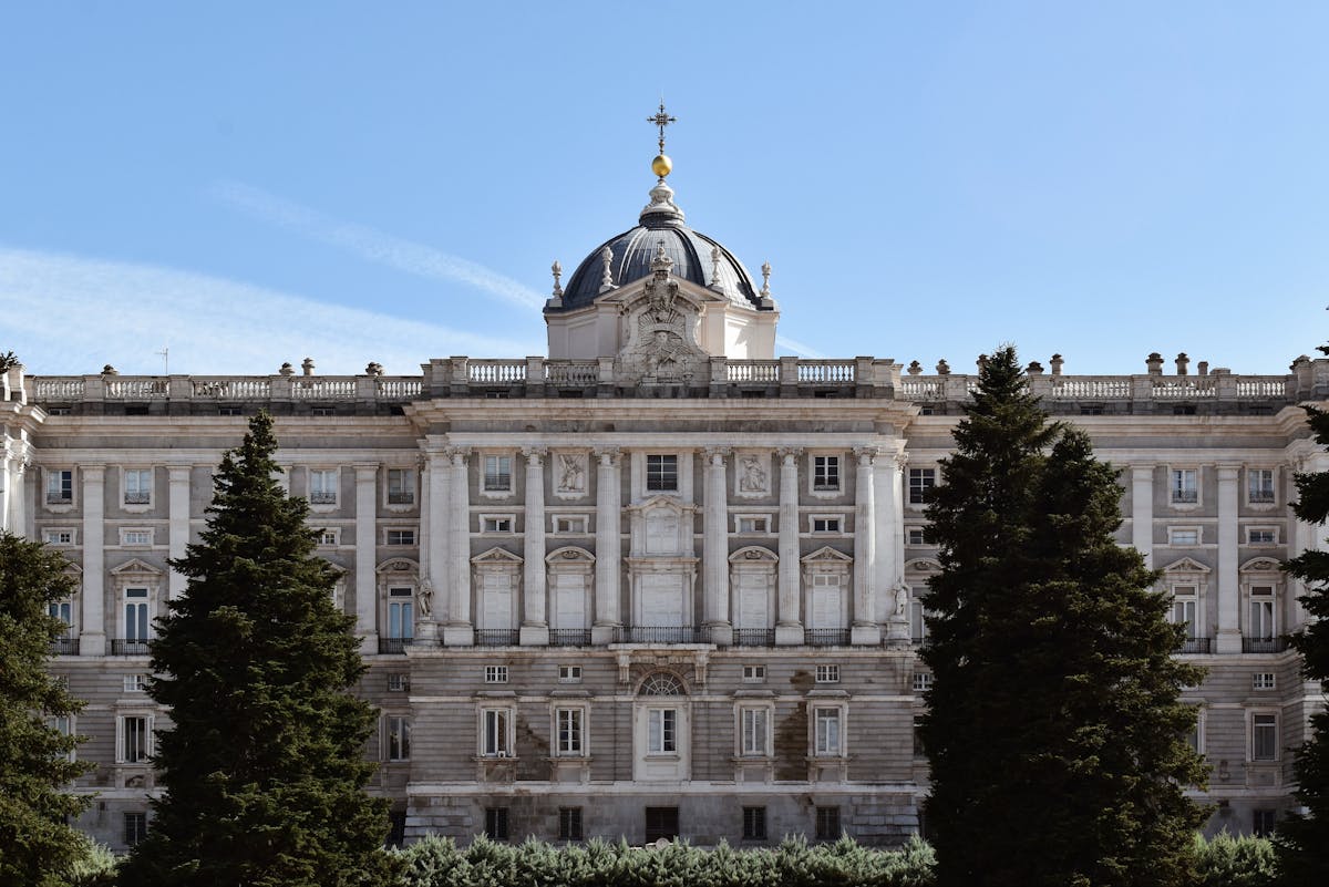 The Royal Palace of Madrid framed by lush green trees on a sunny day