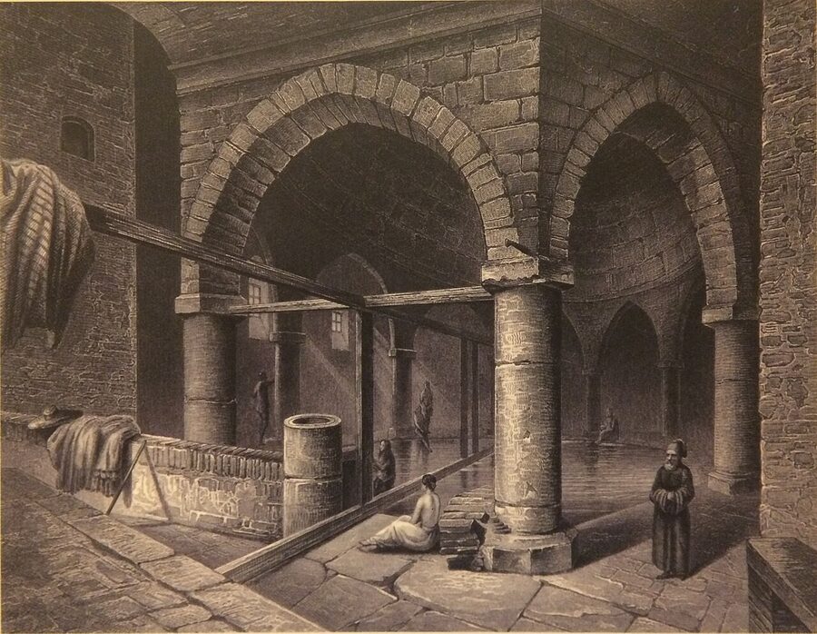 Rudas Spa 1850 historical illustration by Ludwig Rohbock