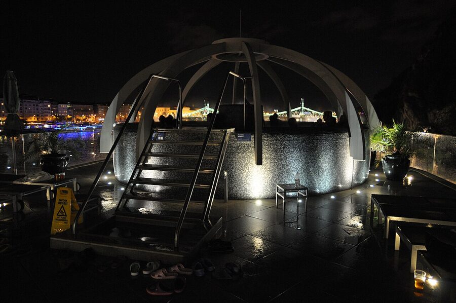 Rudas Spa rooftop pool edge looking over Buda Budapest