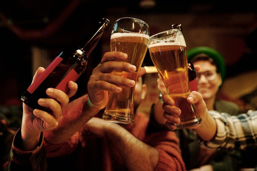 Group toast with beer glasses at a Budapest pub