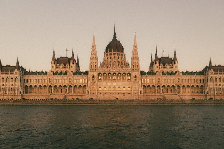 Hungarian Parliament Building at sunset along the Danube