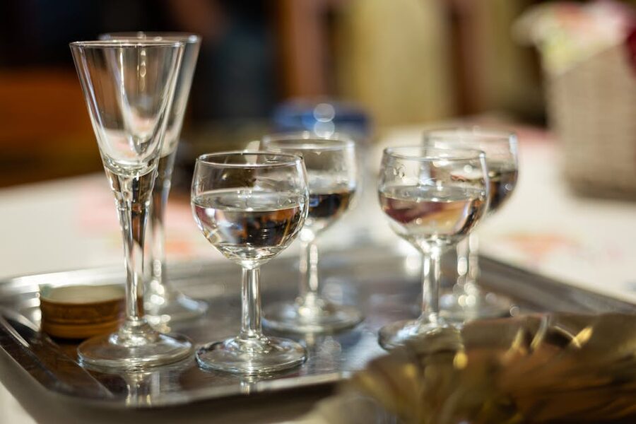 Shot glasses on a tray for Hungarian palinka tasting