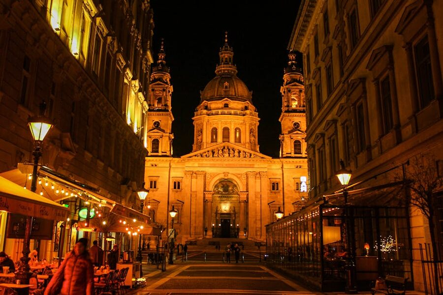 St Stephens Basilica lit up at night Budapest