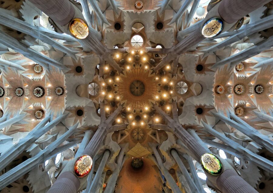 Intricate ceiling detail inside Sagrada Familia basilica Barcelona